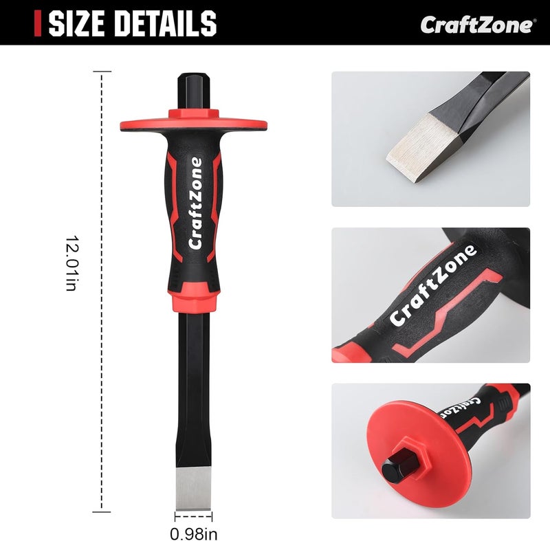 CRAFTZONE Masonry Chisel, Heavy Duty Flat End Rock Concrete Mortar Stone Brick Chisel with Protective Hand Guard for Breaking Carving Splitting Cutting Mason Tools (12-Inch) - Image 2